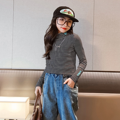 Embroidered Thermal Tight Turtleneck Undershirts Striped For Ages 4-16