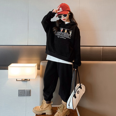 Black Cotton Blend 2 Piece Hoodie Children Clothing Set Skin Friendly
