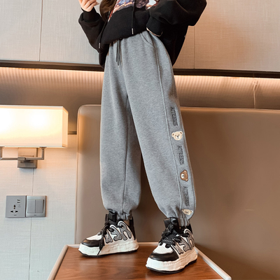 Cotton Blended Embroidered Loose Grey Girls Joggers Pants Plus Velvet Thickened