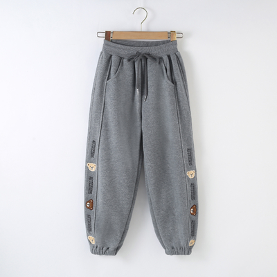 Cotton Blended Embroidered Loose Grey Girls Joggers Pants Plus Velvet Thickened