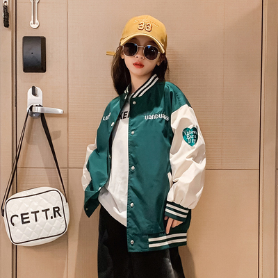 Embroidery Craft Girls Patchwork Baseball Jacket Skin Friendly Size 120