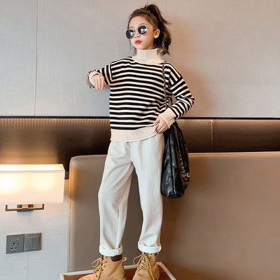 Girls autumn/winter suit high collar striped two-piece set with velvet and thickened children's medium sized children's