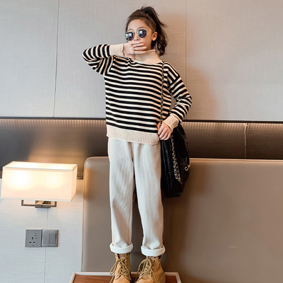 Girls autumn/winter suit high collar striped two-piece set with velvet and thickened children's medium sized children's