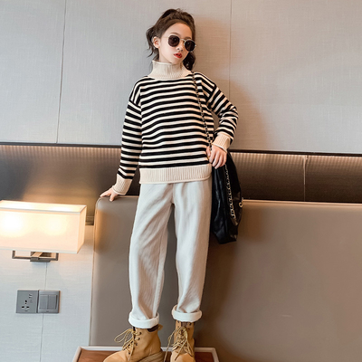Girls autumn/winter suit high collar striped two-piece set with velvet and thickened children's medium sized children's