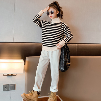Striped High Collar Sweater And Trouser Set With Velvet Skin Friendly