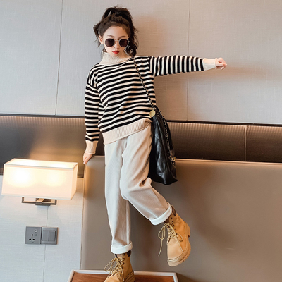 Striped High Collar Sweater And Trouser Set With Velvet Skin Friendly