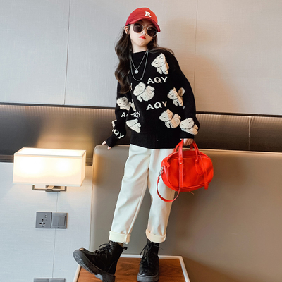 Embroidery Bear Sweater Children Clothing Set Thickened