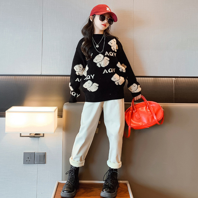 Embroidery Bear Sweater Children Clothing Set Thickened