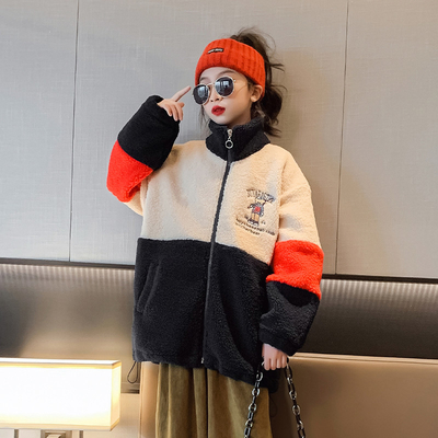 Girls cotton-padded coat embroidery craft lamb fleece autumn and winter thickened children's top for children aged 4-16