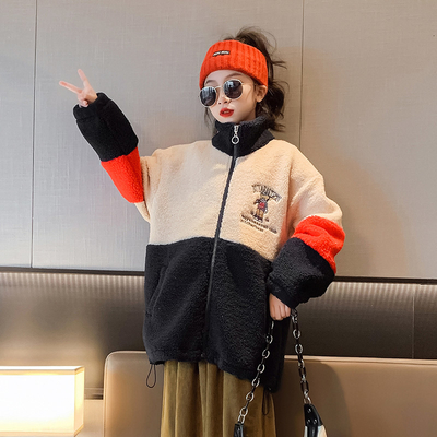 Girls cotton-padded coat embroidery craft lamb fleece autumn and winter thickened children's top for children aged 4-16