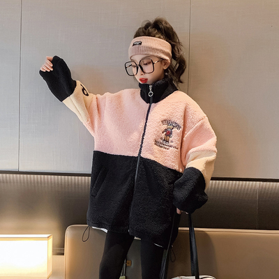 Girls cotton-padded coat embroidery craft lamb fleece autumn and winter thickened children's top for children aged 4-16