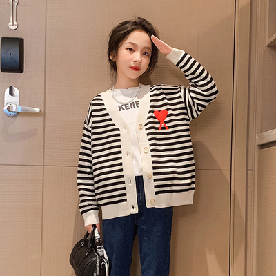 Girls knit cardigan striped sweater embroidery craft children's autumn winter coat suitable for children 4-16 years old