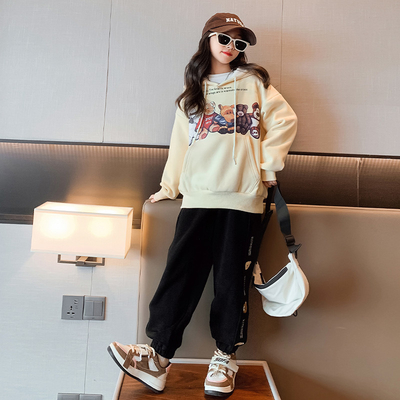 Children's suit thickened sports hoodie children's clothes autumn and winter trend cartoon girl warm two-piece set
