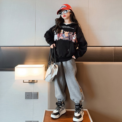 Children's suit thickened sports hoodie children's clothes autumn and winter trend cartoon girl warm two-piece set