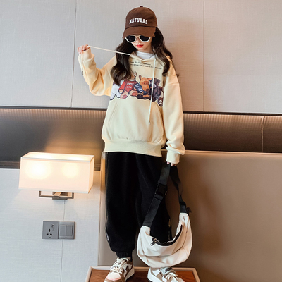 Children's suit thickened sports hoodie children's clothes autumn and winter trend cartoon girl warm two-piece set