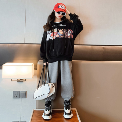 Children's suit thickened sports hoodie children's clothes autumn and winter trend cartoon girl warm two-piece set