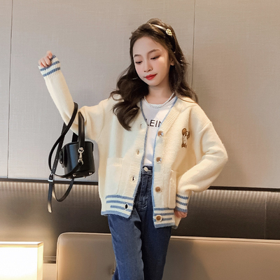 Girls knit cardigan striped sweater embroidery craft children garment autumn winter coat suitable for children 4-16 year