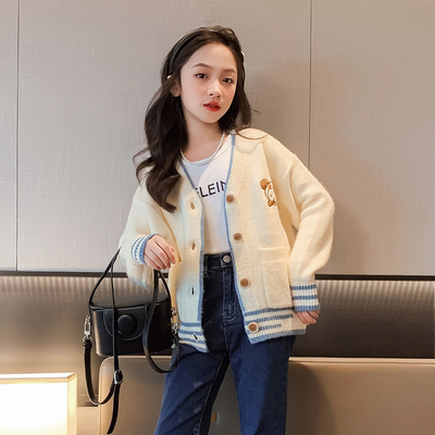 Girls knit cardigan striped sweater embroidery craft children garment autumn winter coat suitable for children 4-16 year
