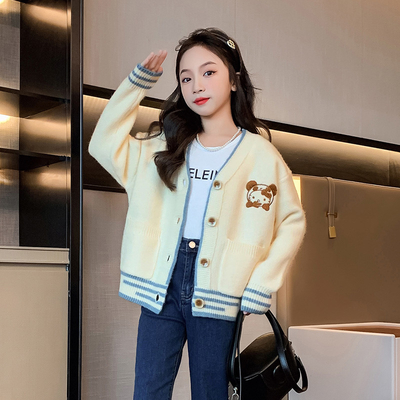 Girls knit cardigan striped sweater embroidery craft children garment autumn winter coat suitable for children 4-16 year