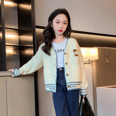 Girls knit cardigan striped sweater embroidery craft children garment autumn winter coat suitable for children 4-16 year