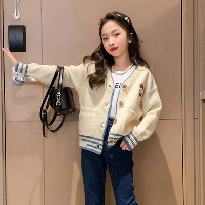 Girls knit cardigan striped sweater embroidery craft children garment autumn winter coat suitable for children 4-16 year