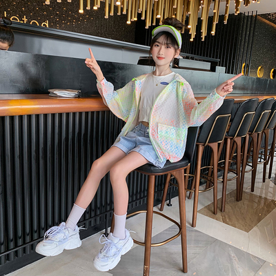 Summer sun-protective clothing for children, light, breathable and UV resistant, summer hooded skin clothing for girls