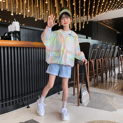 Summer sun-protective clothing for children, light, breathable and UV resistant, summer hooded skin clothing for girls