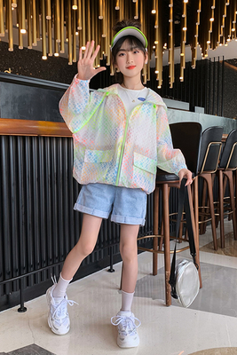 Summer sun-protective clothing for children, light, breathable and UV resistant, summer hooded skin clothing for girls