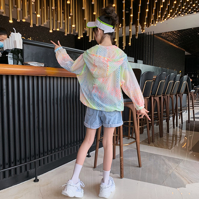 Summer sun-protective clothing for children, light, breathable and UV resistant, summer hooded skin clothing for girls