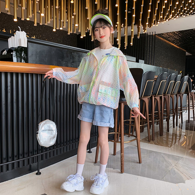 Summer sun-protective clothing for children, light, breathable and UV resistant, summer hooded skin clothing for girls