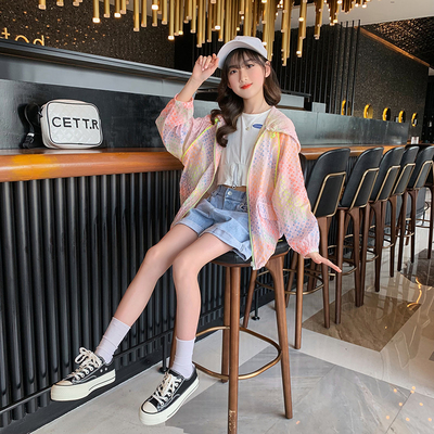 Summer sun-protective clothing for children, light, breathable and UV resistant, summer hooded skin clothing for girls
