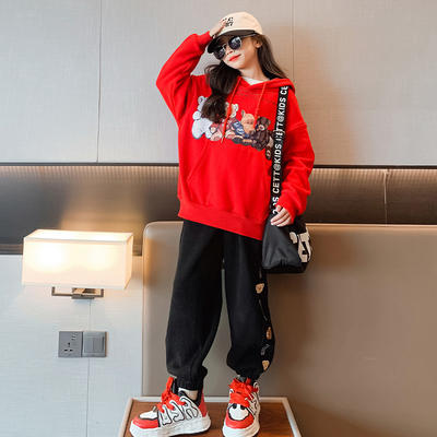 Girl's suit thickened sports hoodie children's clothes autumn and winter trend cartoon girl warm two-piece set