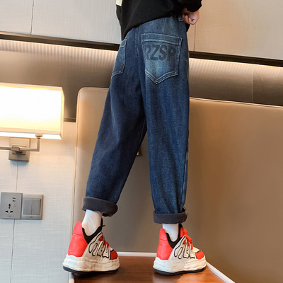 Children Blue Thick Velvet Fluffy Denim Casual Pants For 4-16 Years