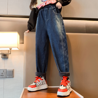 Children Blue Thick Velvet Fluffy Denim Casual Pants For 4-16 Years