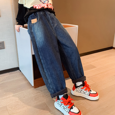 Children Blue Thick Velvet Fluffy Denim Casual Pants For 4-16 Years