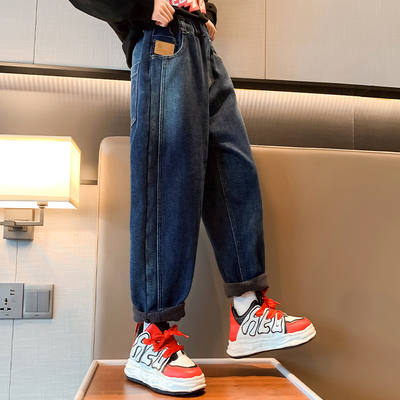 Children Blue Thick Velvet Fluffy Denim Casual Pants For 4-16 Years