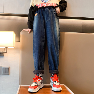 Children Blue Thick Velvet Fluffy Denim Casual Pants For 4-16 Years