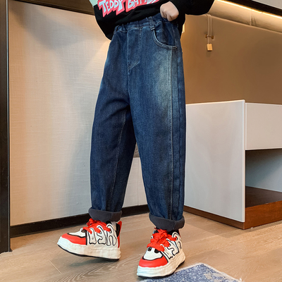 Children Blue Thick Velvet Fluffy Denim Casual Pants For 4-16 Years