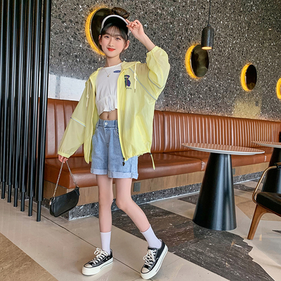 Summer sun-protective clothing for children, light, breathable and UV resistant, summer hooded skin clothing for girls