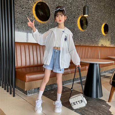 Summer sun-protective clothing for children, light, breathable and UV resistant, summer hooded skin clothing for girls
