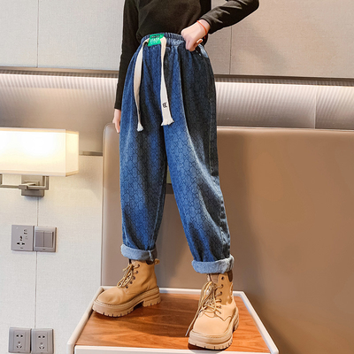 Girls jeans spring and fall children's clothing straight leg casual versatile pants suitable for children 4-16 years old