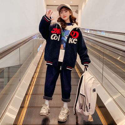 Girls extra thick coat children's clothing hooded embroidered woolen coat lamb cashmere navy blue casual thermal coat