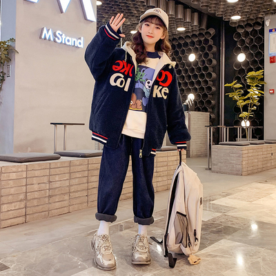 Children's padded coat Girl's clothing hooded embroidered woolen coat lamb fleece navy blue casual thermal coat