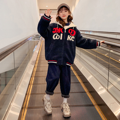 Children's padded coat Girl's clothing hooded embroidered woolen coat lamb fleece navy blue casual thermal coat