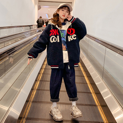 Children's padded coat Girl's clothing hooded embroidered woolen coat lamb fleece navy blue casual thermal coat