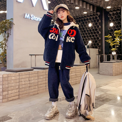 Children's padded coat Girl's clothing hooded embroidered woolen coat lamb fleece navy blue casual thermal coat