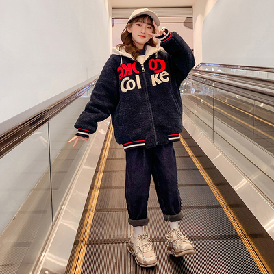 Children's padded coat Girl's clothing hooded embroidered woolen coat lamb fleece navy blue casual thermal coat