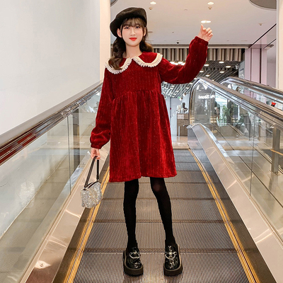 Girls Red Velvet Long Sleeve Corduroy Dress Princess Style
