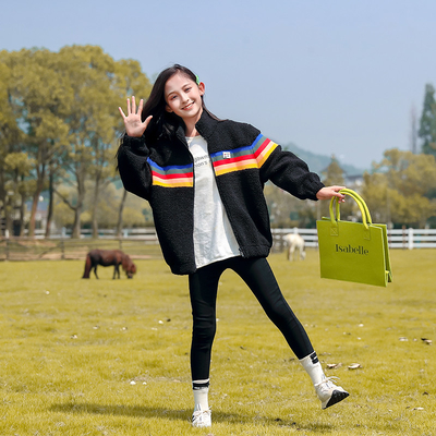 Girls lamb wool coat children's clothing autumn and winter wear color stripe thickened children's padded coat