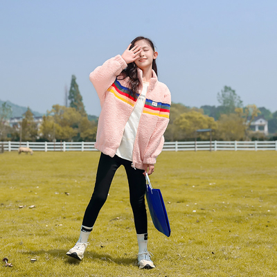 Girls lamb wool coat children's clothing autumn and winter wear color stripe thickened children's padded coat